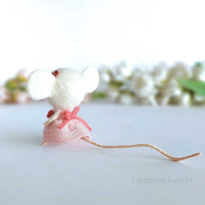 Needle Felted White Mouse in a dust pink dress. Needle felted miniature animal