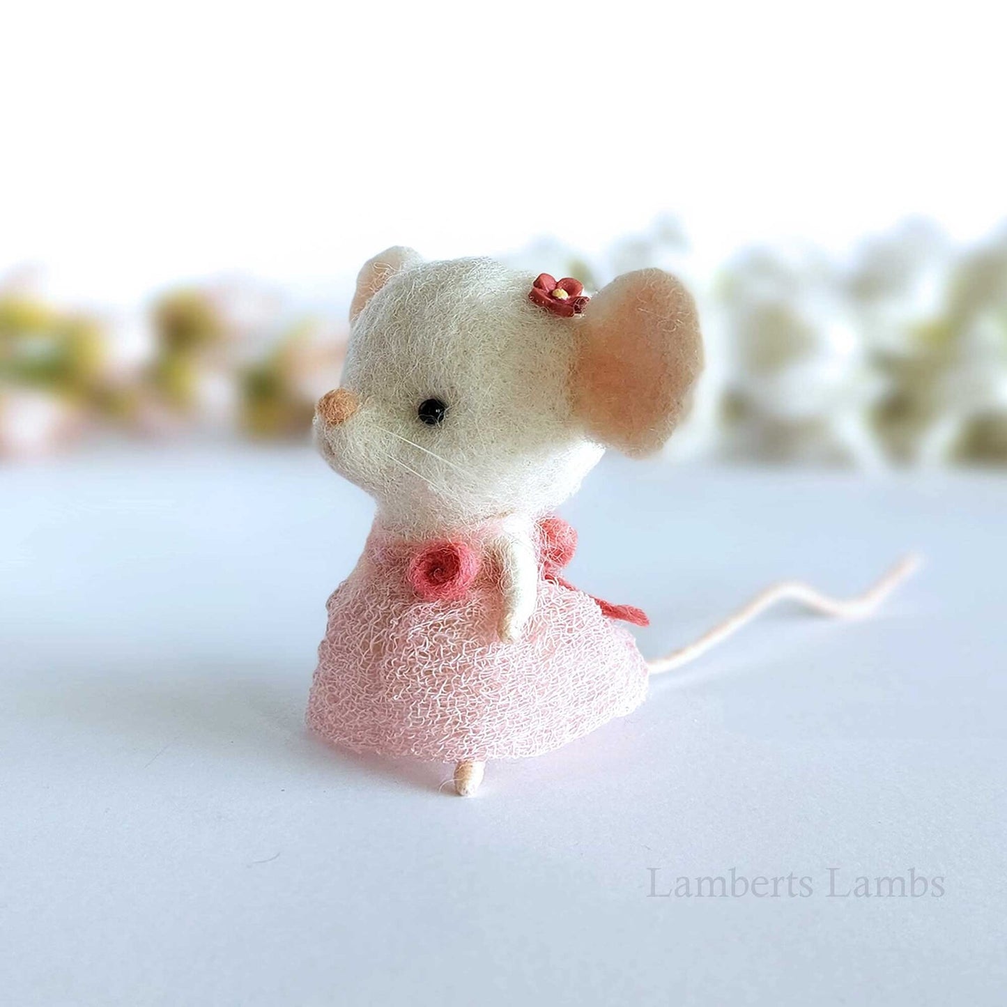 Needle Felted White Mouse in a dust pink dress. Needle felted miniature animal