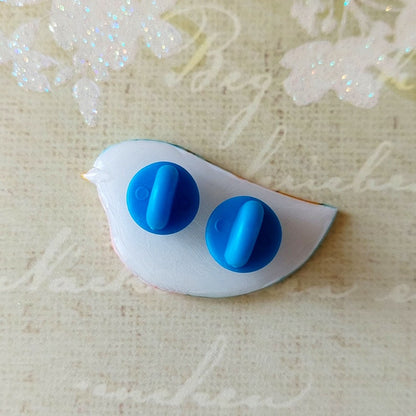 Artsy hand painted bird brooch, Bird pin in light blue and pink with flowers