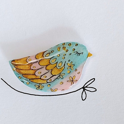 Artsy hand painted bird brooch, Bird pin in light blue and pink with flowers