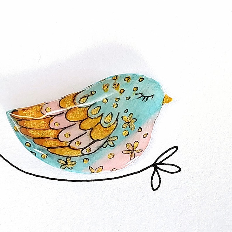 Artsy hand painted bird brooch, Bird pin in light blue and pink with flowers