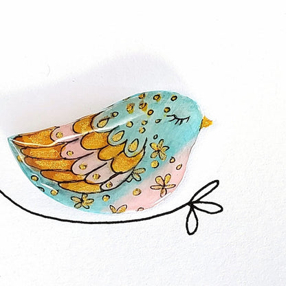 Artsy hand painted bird brooch, Bird pin in light blue and pink with flowers