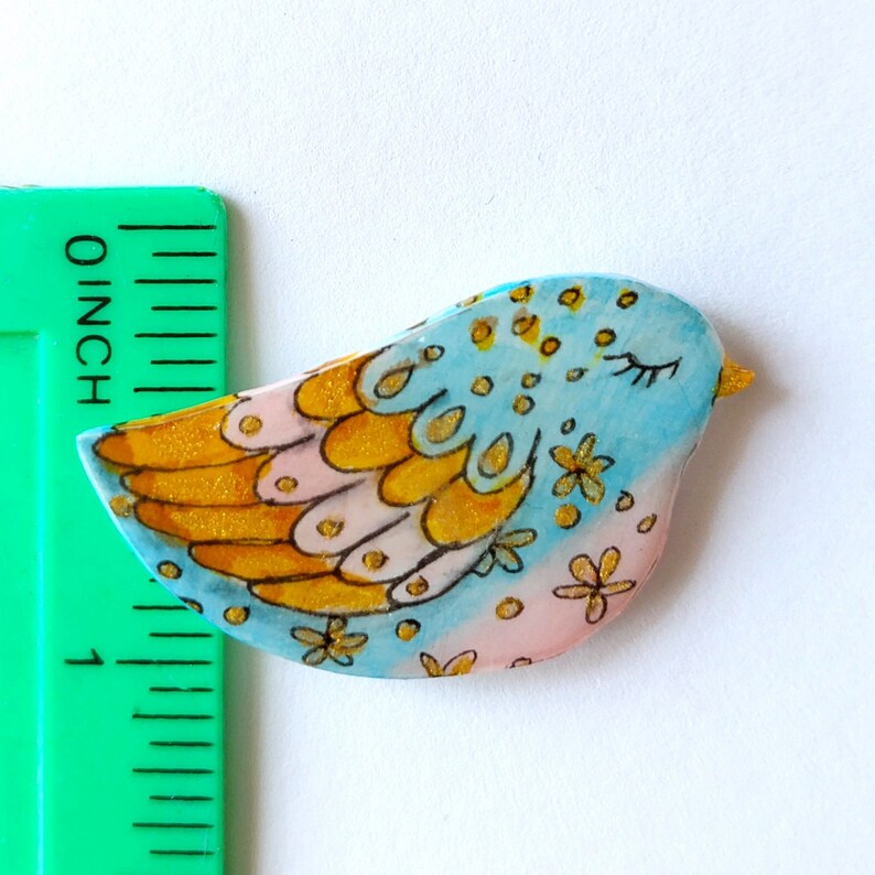 Artsy hand painted bird brooch, Bird pin in light blue and pink with flowers