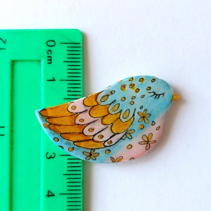 Artsy hand painted bird brooch, Bird pin in light blue and pink with flowers