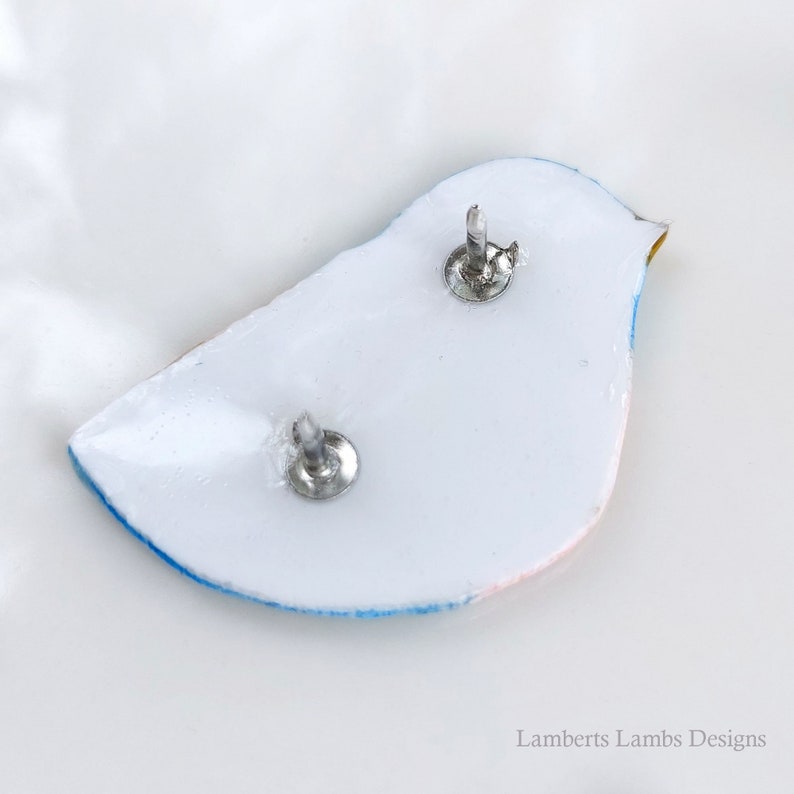 Artsy hand painted light blue, pink and gold bird brooch