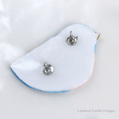 Artsy hand painted light blue, pink and gold bird brooch