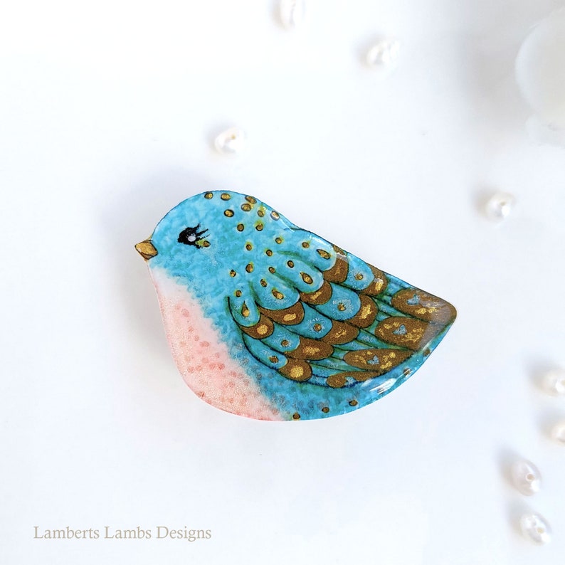 Artsy hand painted blue and gold bird brooch