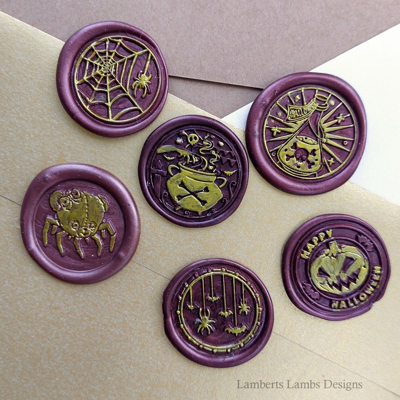 Creepy Cute Halloween wax seal stickers set of 6, Premade wax seals, Self-adhesive wax seal stickers, Burgundy and gold wax seals