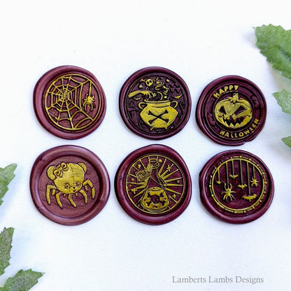 Creepy Cute Halloween wax seal stickers set of 6, Premade wax seals, Self-adhesive wax seal stickers, Burgundy and gold wax seals