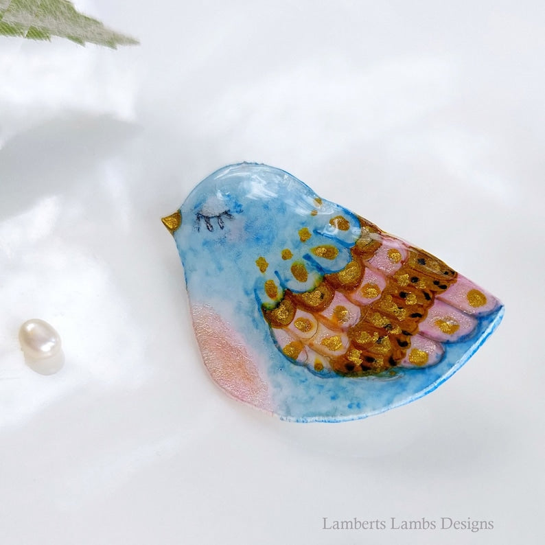Artsy hand painted light blue, pink and gold bird brooch