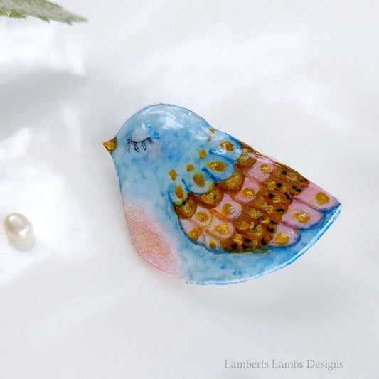 Artsy hand painted light blue, pink and gold bird brooch