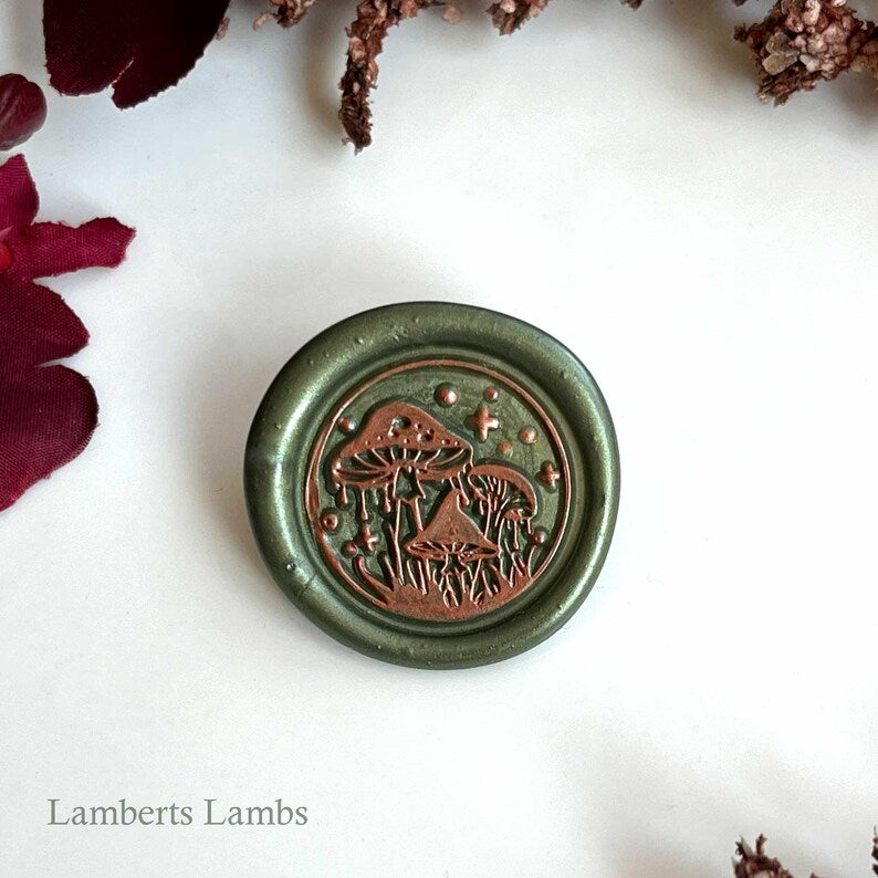 Green and copper coloured mushroom wax seal stickers , Premade set of six mushroom wax seals, Self-adhesive wax seal stickers.