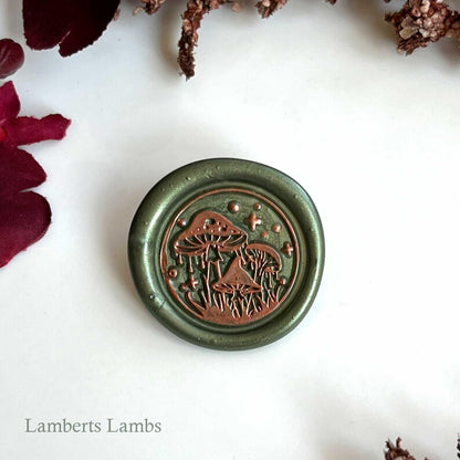 Green and copper coloured mushroom wax seal stickers , Premade set of six mushroom wax seals, Self-adhesive wax seal stickers.