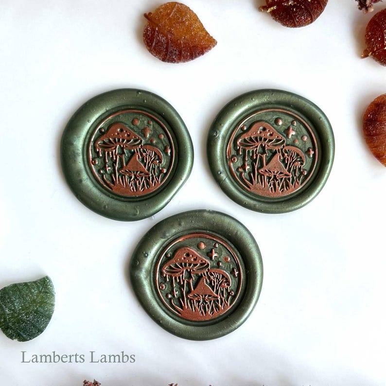 Green and copper coloured mushroom wax seal stickers , Premade set of six mushroom wax seals, Self-adhesive wax seal stickers.
