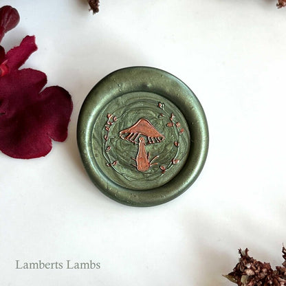 Green mushroom wax seal stickers , Premade pack of mushroom wax seals, Self-adhesive wax seal stickers for journals, invitations, gift wrap