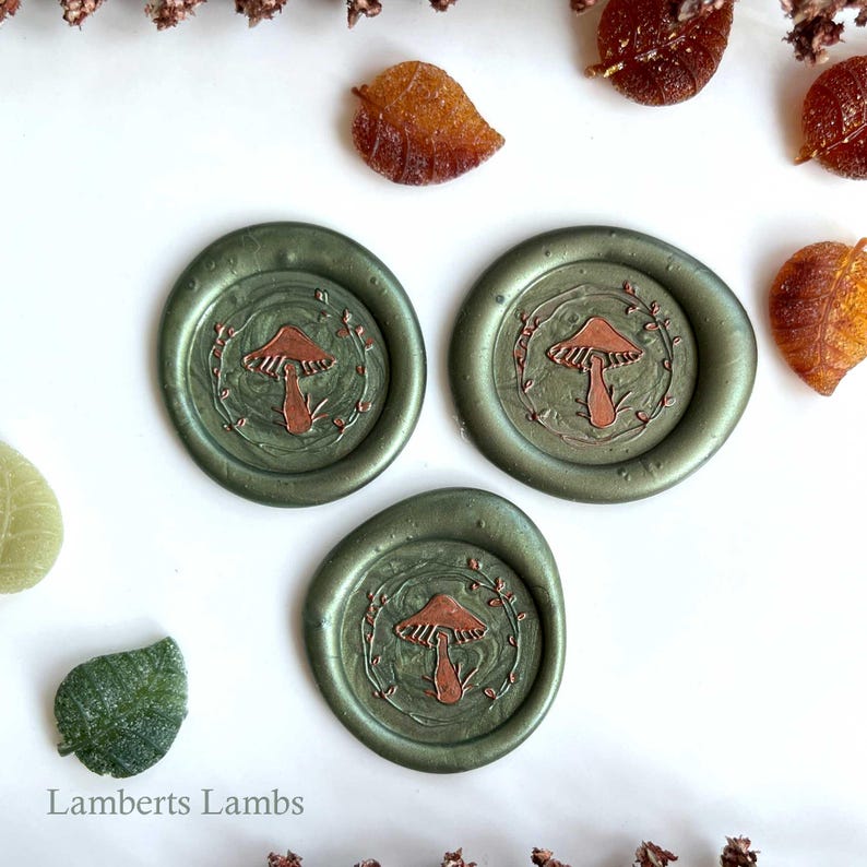 Green mushroom wax seal stickers , Premade pack of mushroom wax seals, Self-adhesive wax seal stickers for journals, invitations, gift wrap