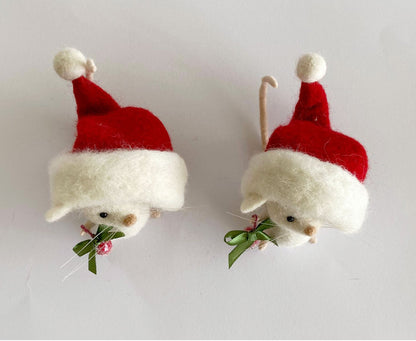 White needle felted Christmas mouse felt Christmas ornament Handmade wool mouse
