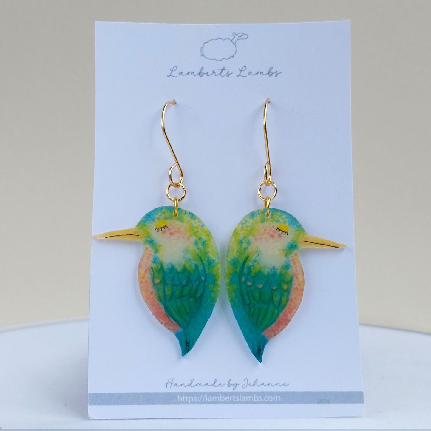 Tropical bird drop earrings, handmade bird hanging earrings