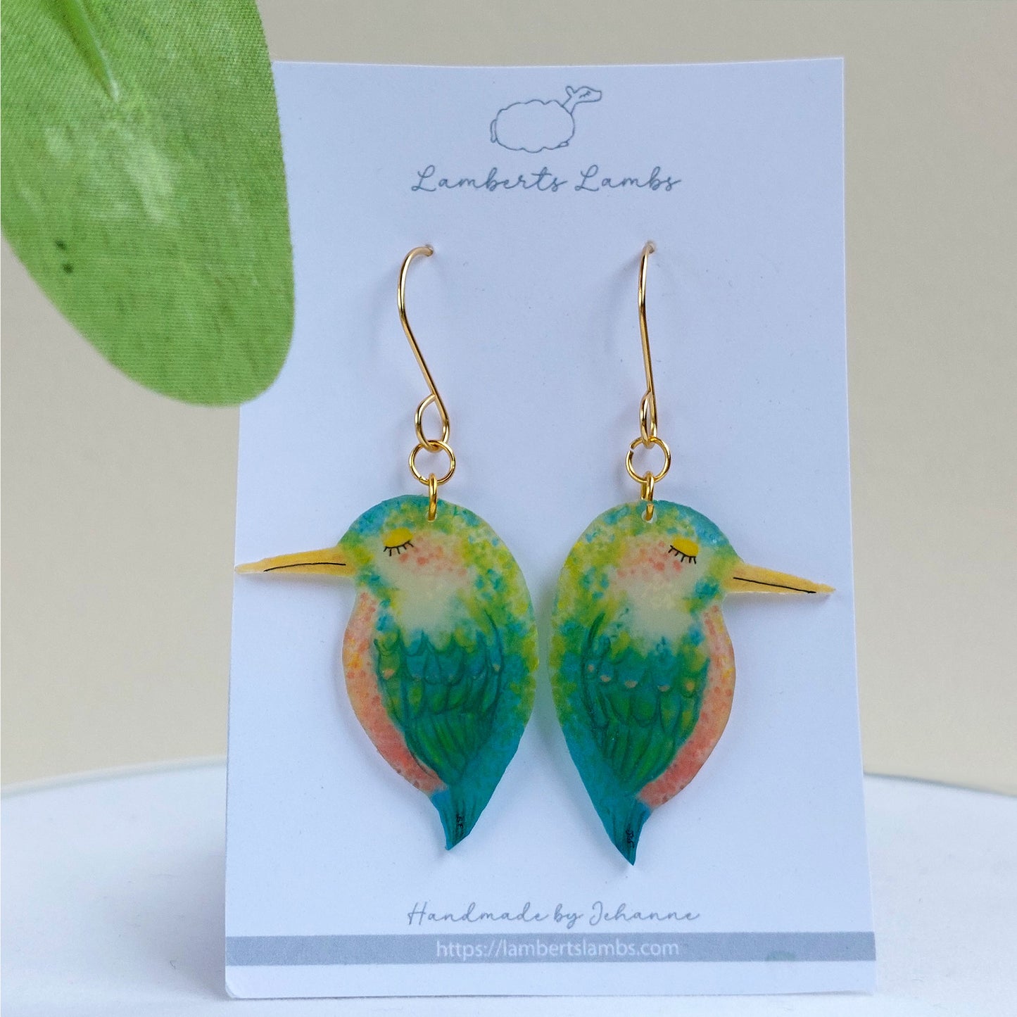 Tropical bird drop earrings, handmade bird hanging earrings