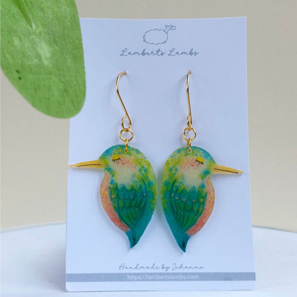 Tropical bird drop earrings, handmade bird hanging earrings