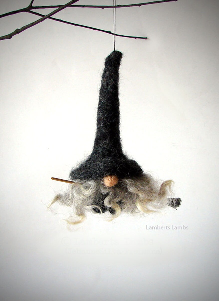 Needle Felted Gnome Witch Flying on a Broom, kitchen witch, Needle felted gnome,  Needle Felted Witch