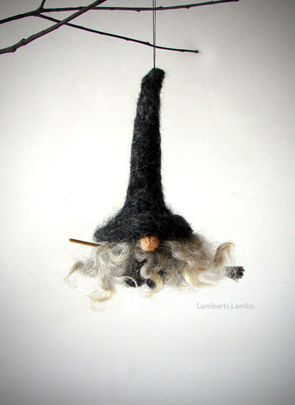 Needle Felted Gnome Witch Flying on a Broom, kitchen witch, Needle felted gnome,  Needle Felted Witch