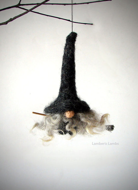 Needle Felted Gnome Witch Flying on a Broom, kitchen witch, Needle felted gnome,  Needle Felted Witch