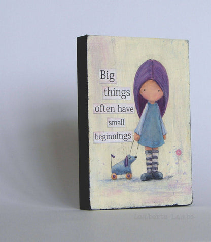 Little Girl original mixed media painting on a wood block