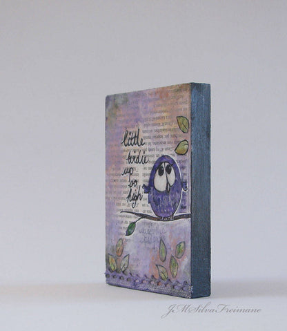 Whimsical  bird mixed media painting on a woodblock