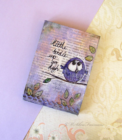 Whimsical  bird mixed media painting on a woodblock