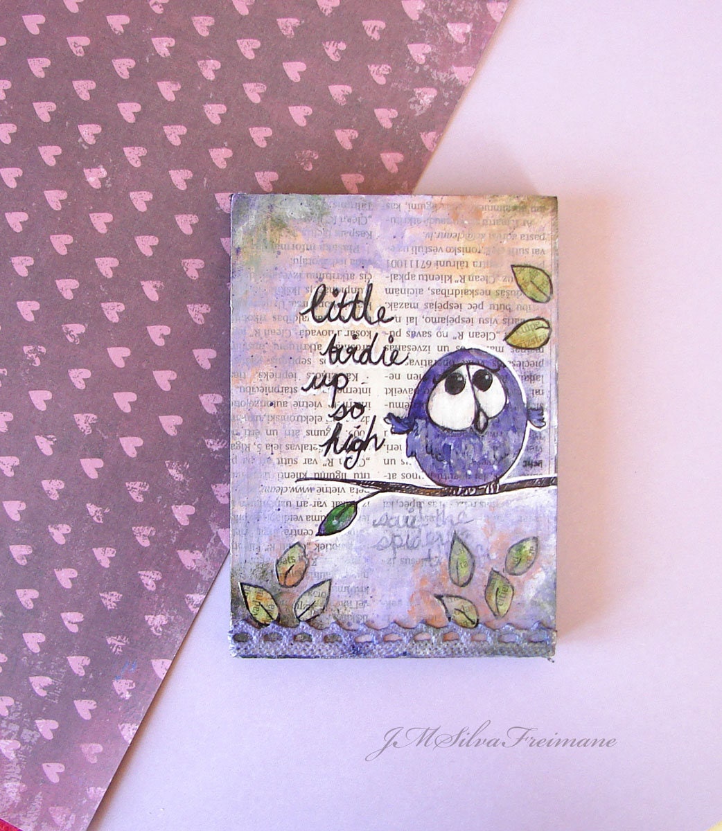 Whimsical  bird mixed media painting on a woodblock