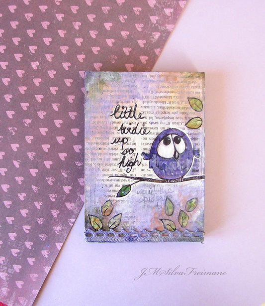 Whimsical  bird mixed media painting on a woodblock