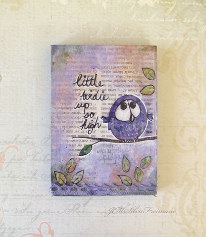 Whimsical  bird mixed media painting on a woodblock