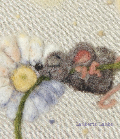 Needle felted mouse painting in an embroidery hoop