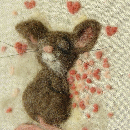 Needle felted  3D Wool Painting of Love mouse in an embroidery hoop