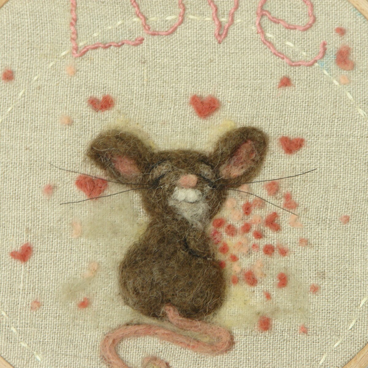 Needle felted  3D Wool Painting of Love mouse in an embroidery hoop