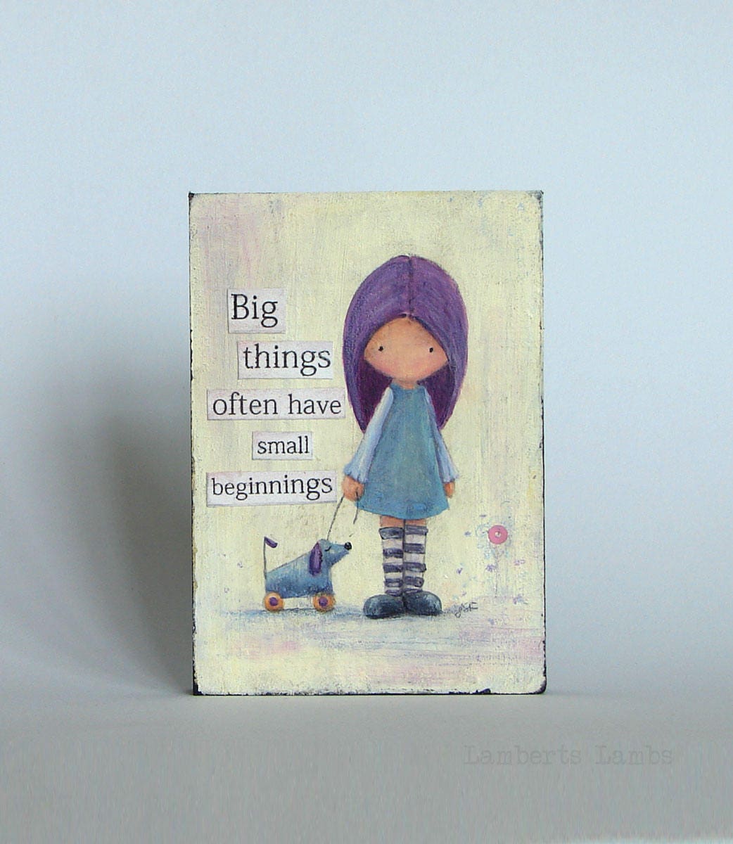 Little Girl original mixed media painting on a wood block