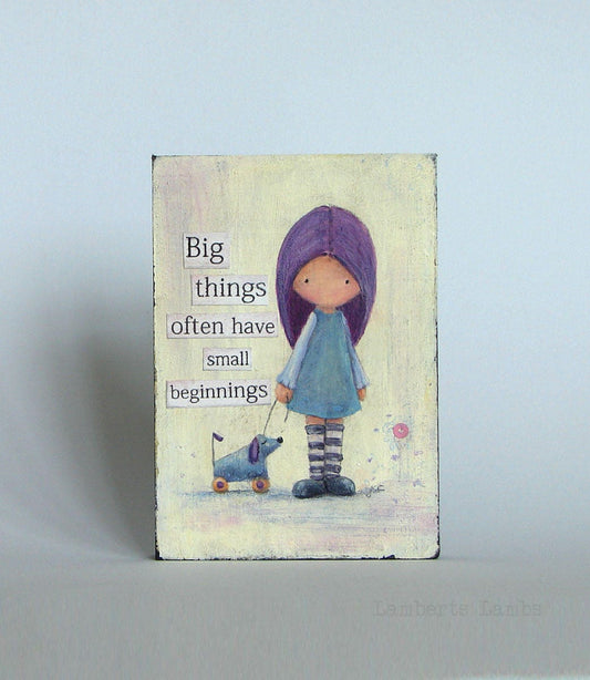 Little Girl original mixed media painting on a wood block