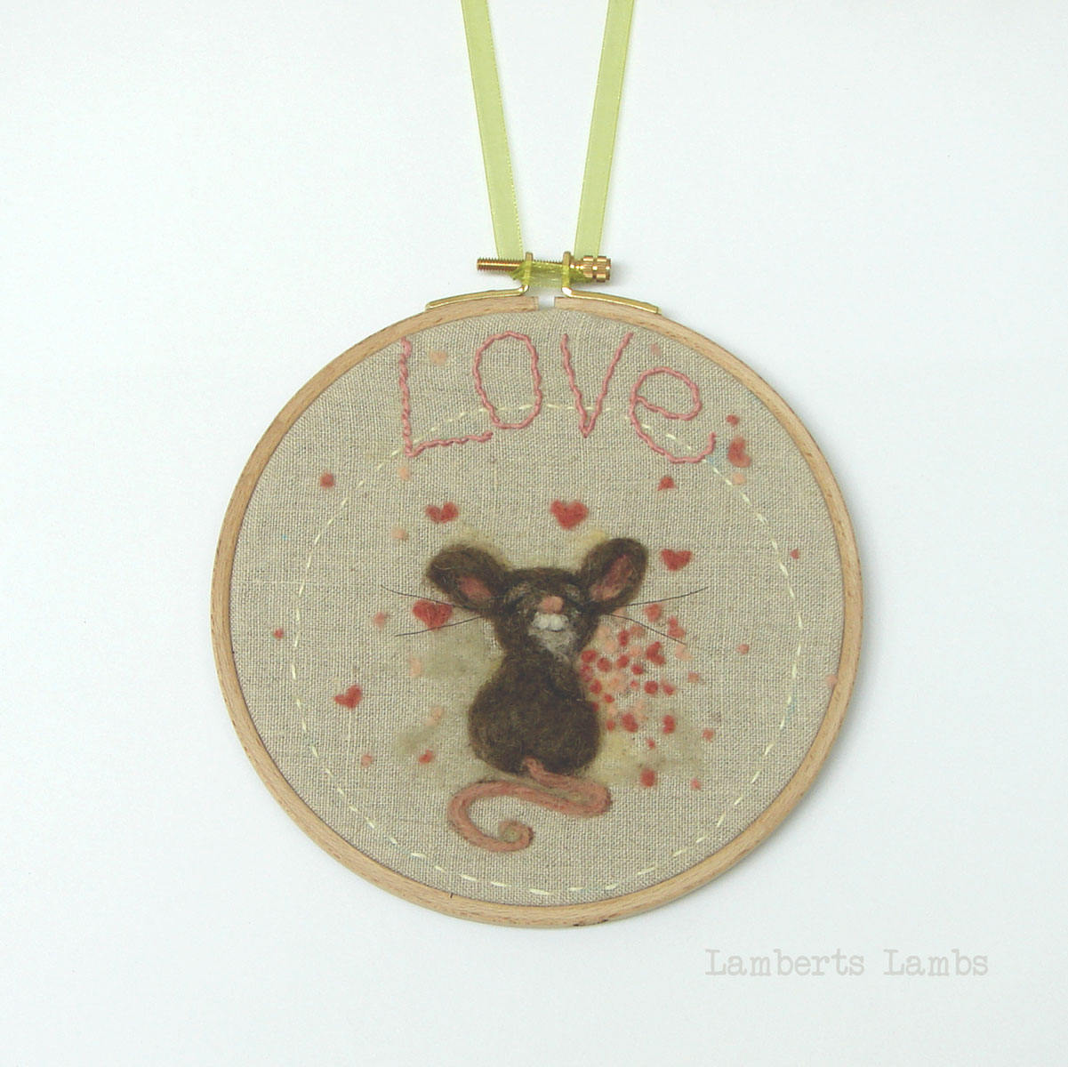 Needle felted  3D Wool Painting of Love mouse in an embroidery hoop