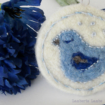 Needle felted and embroidery blue bird hanging decoration