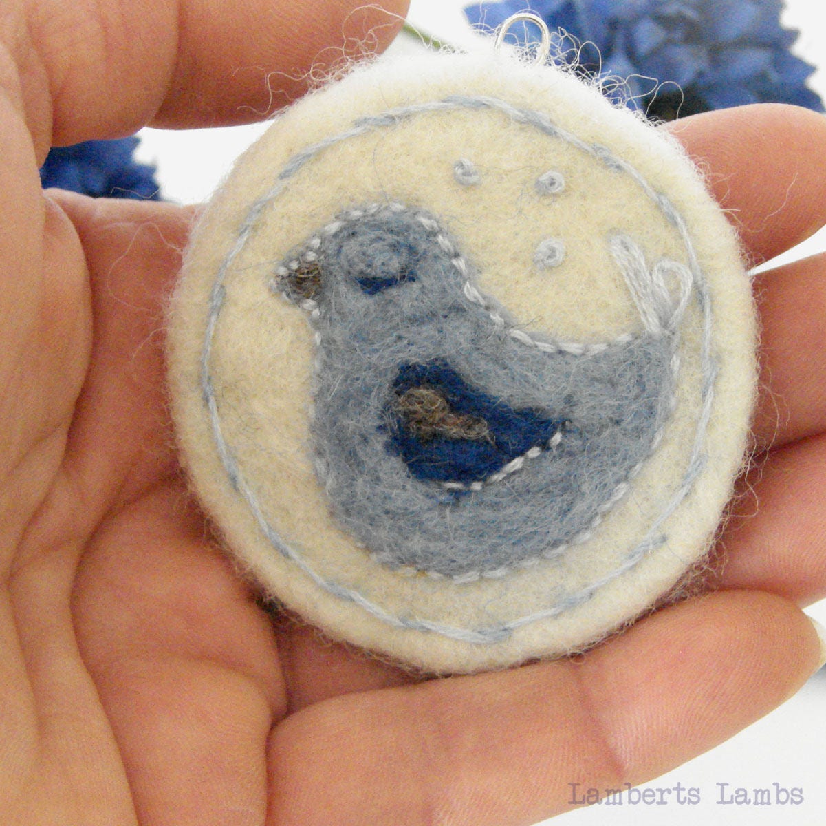 Needle felted and embroidery blue bird hanging decoration