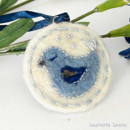Needle felted and embroidery blue bird hanging decoration