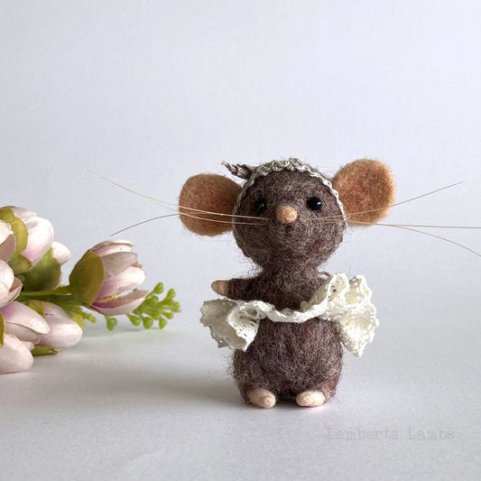 Cottage core Needle felted Brown Mouse with a bow headband and in a skirt