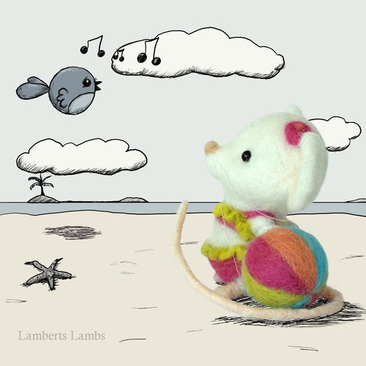 White needle felted mouse in a two piece swimsuit with a beach ball. Beach collection . Summer felted mouse.