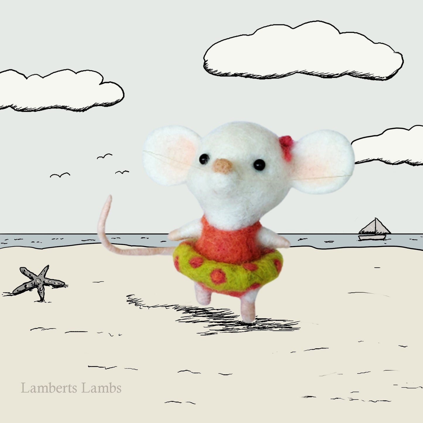 White needle felted mouse in an orange swimsuit with an inflatable ring.