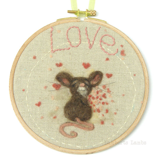 Needle felted  3D Wool Painting of Love mouse in an embroidery hoop