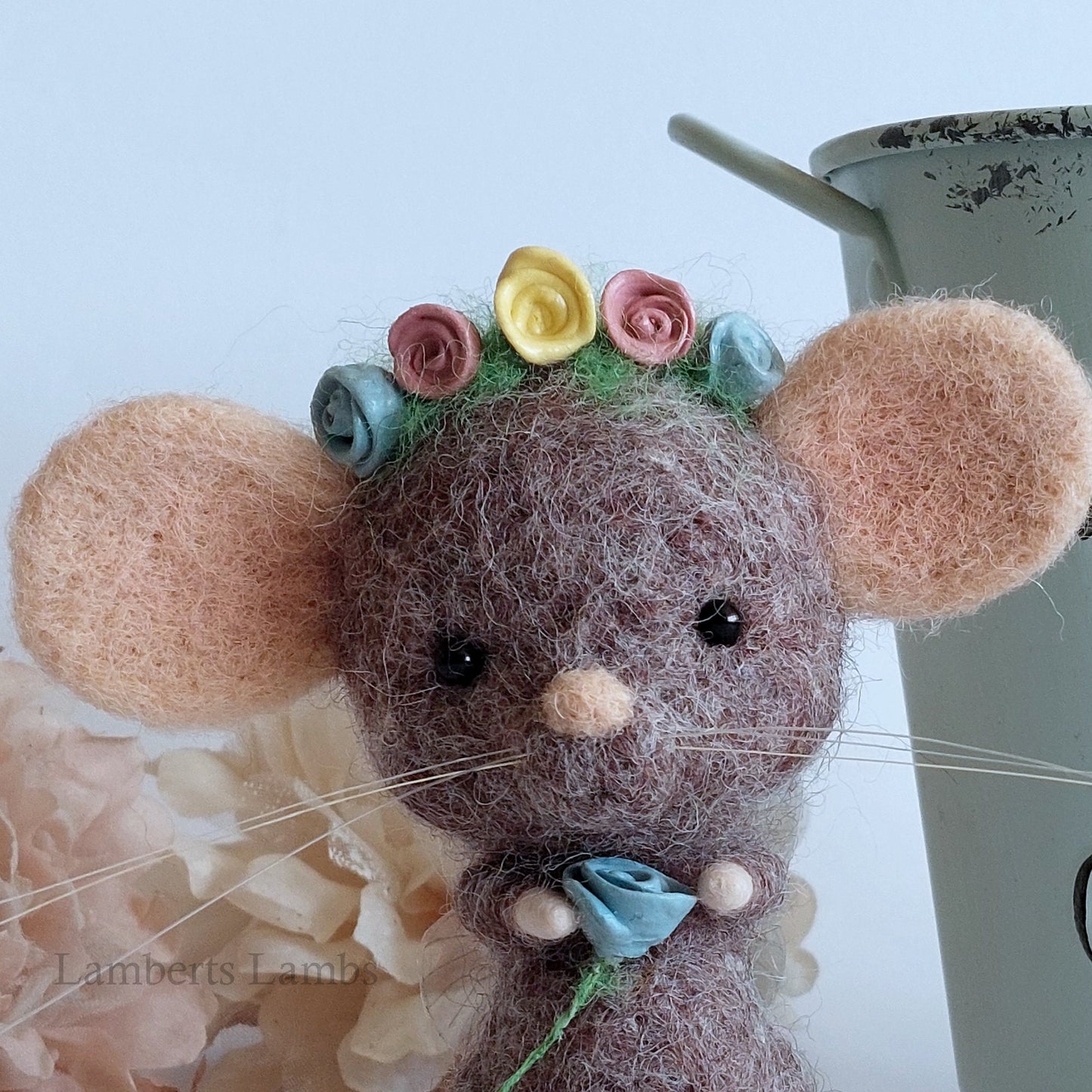 Handmade Brown needle felted mouse fairy with flowers