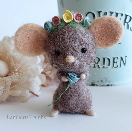 Handmade Brown needle felted mouse fairy with flowers