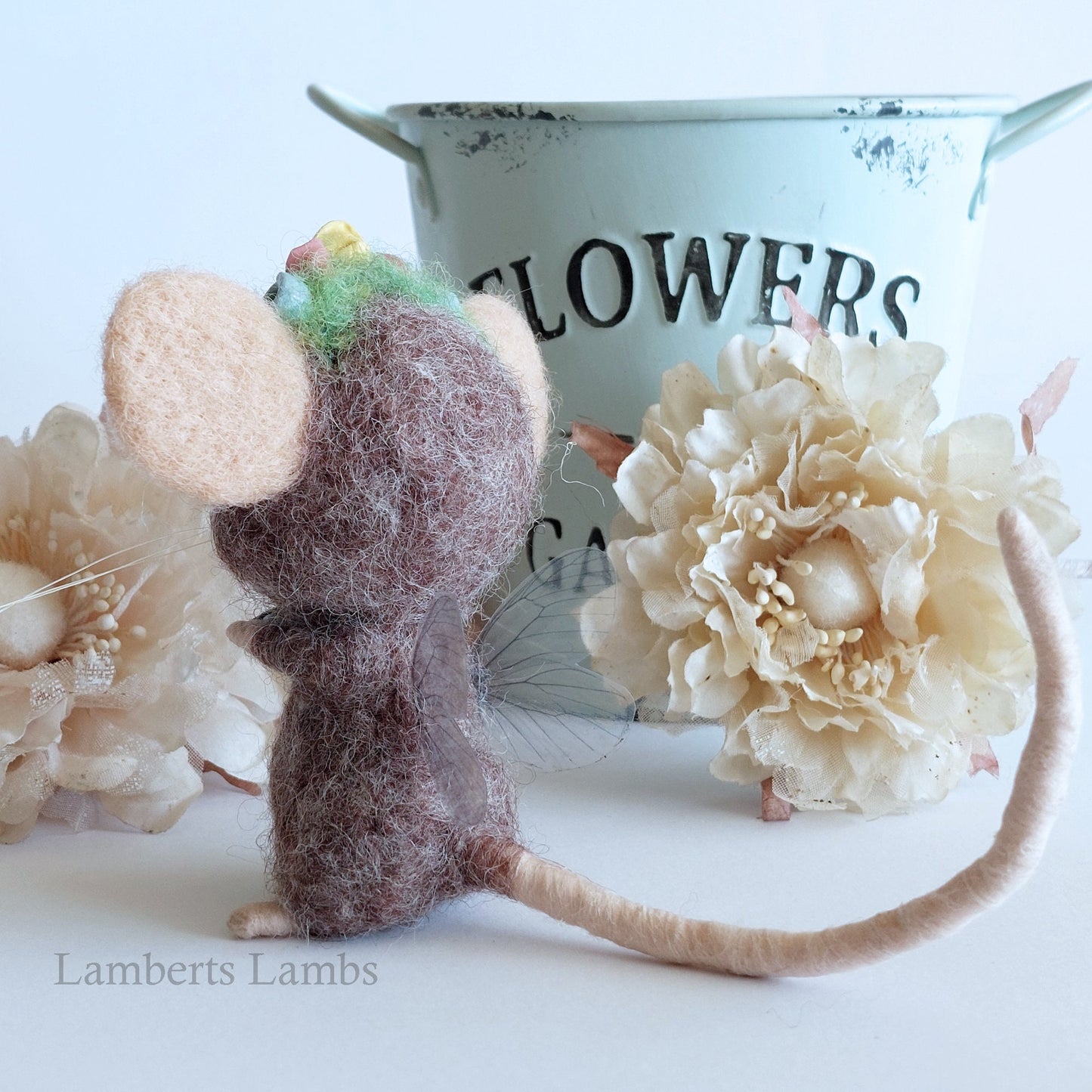 Handmade Brown needle felted mouse fairy with flowers