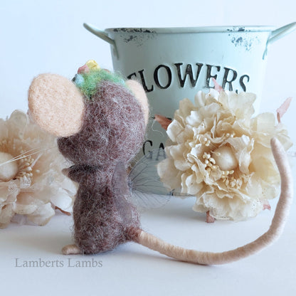 Handmade Brown needle felted mouse fairy with flowers